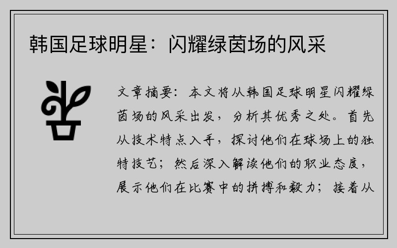 韩国足球明星：闪耀绿茵场的风采