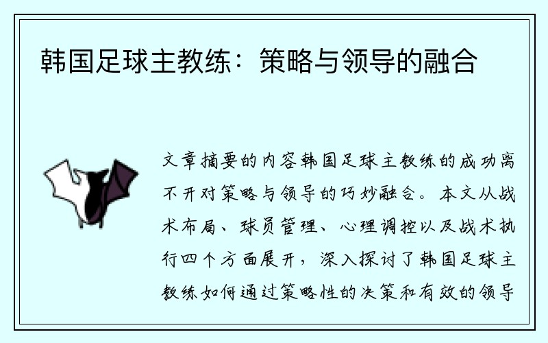 韩国足球主教练：策略与领导的融合