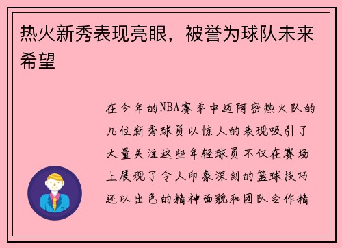 热火新秀表现亮眼，被誉为球队未来希望